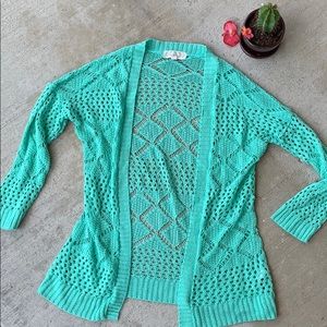 Teal Pink Rose Crochet Cardigan, juniors medium